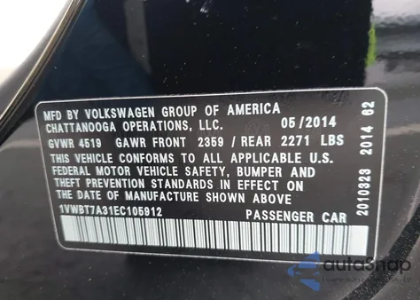 2014 Volkswagen Passat 1.8T Se z USA, uszkodzony, nr VIN 1VWBT7A31EC105912